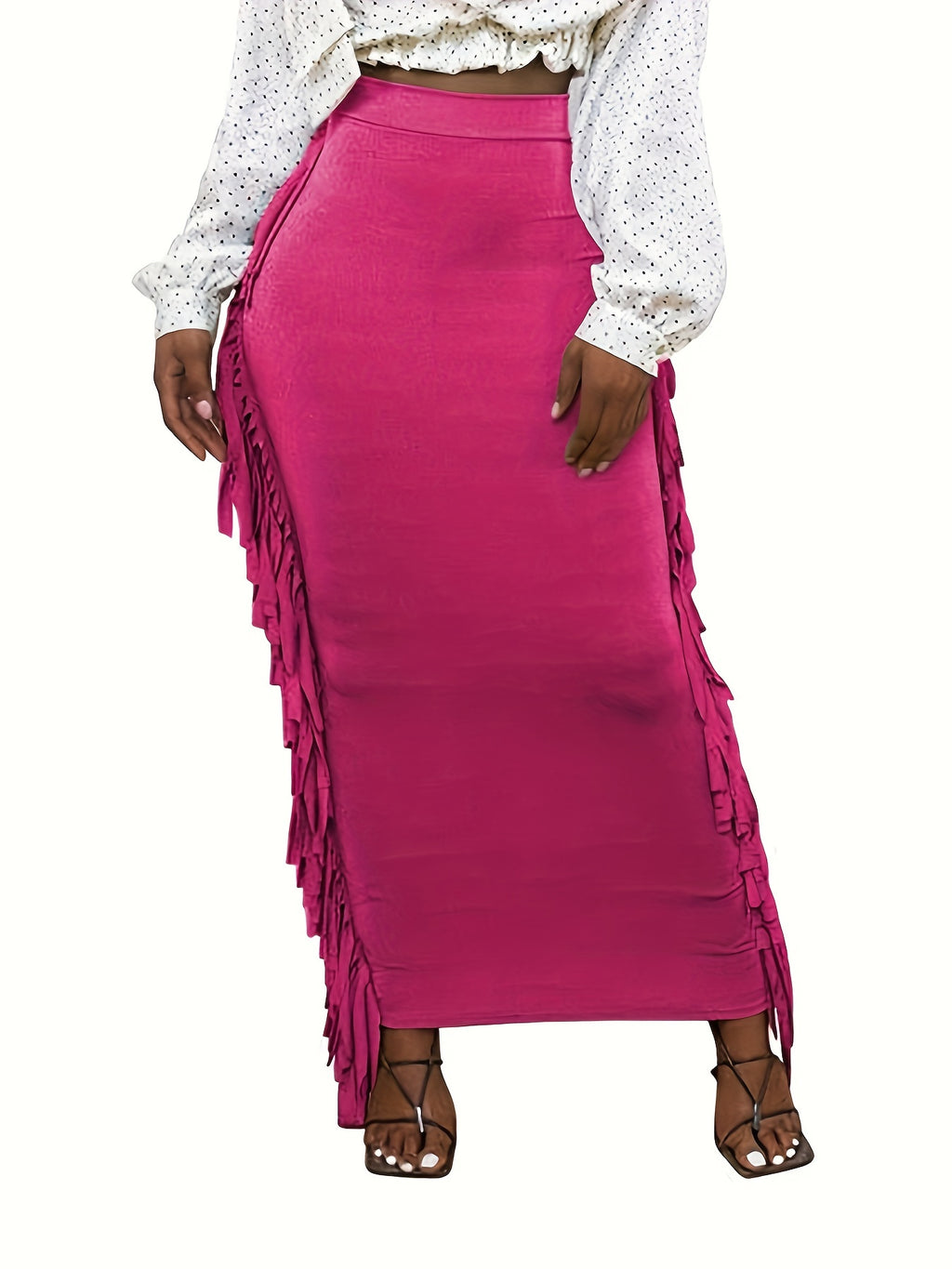 Black Elastic Waist Sides Tassel Maxi Skirt