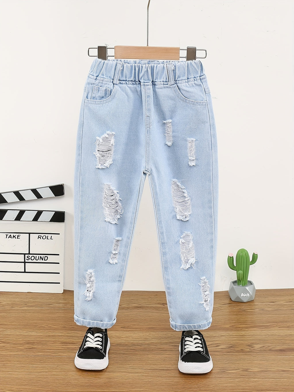 Girls Ripped Tapered Jeans, Cartoon Pattern Elastic Waistband Denim Jeans Kids Clothes