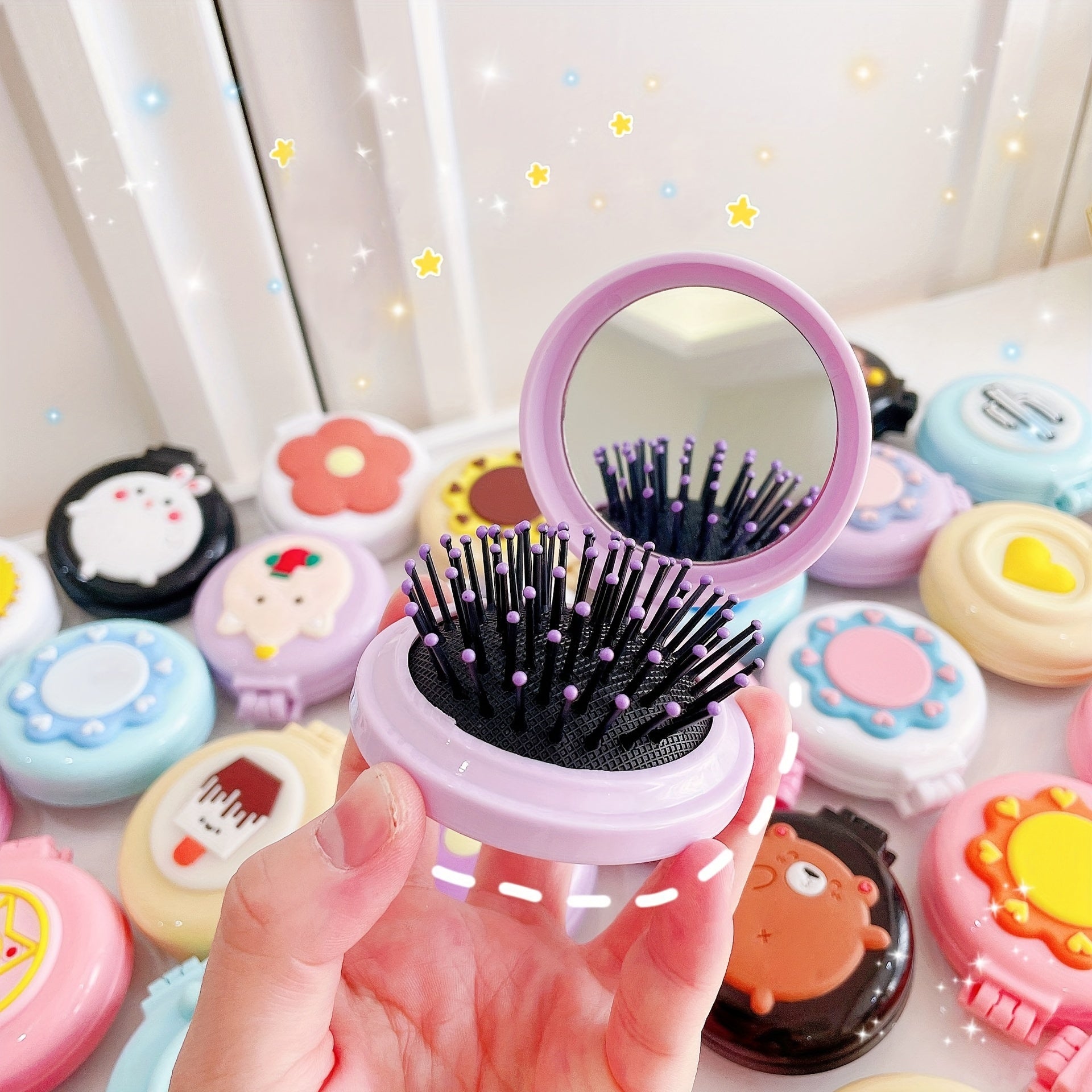 1pc Portable Folding Comb with Makeup Mirror - Air Cushion Massage Hair Brush for Normal Hair - Travel Pocket Mini Hair Brush Essentials for Women