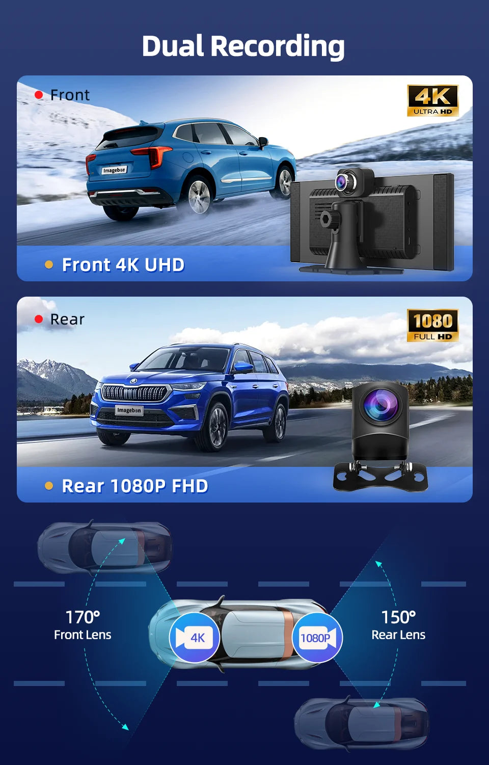 Imagebon H70K 11.4" 4K Dashcam Wireless CarPlay & Android Auto Dual Recording WiFi GPS Navigation AI Voice Night Vision Car DVR