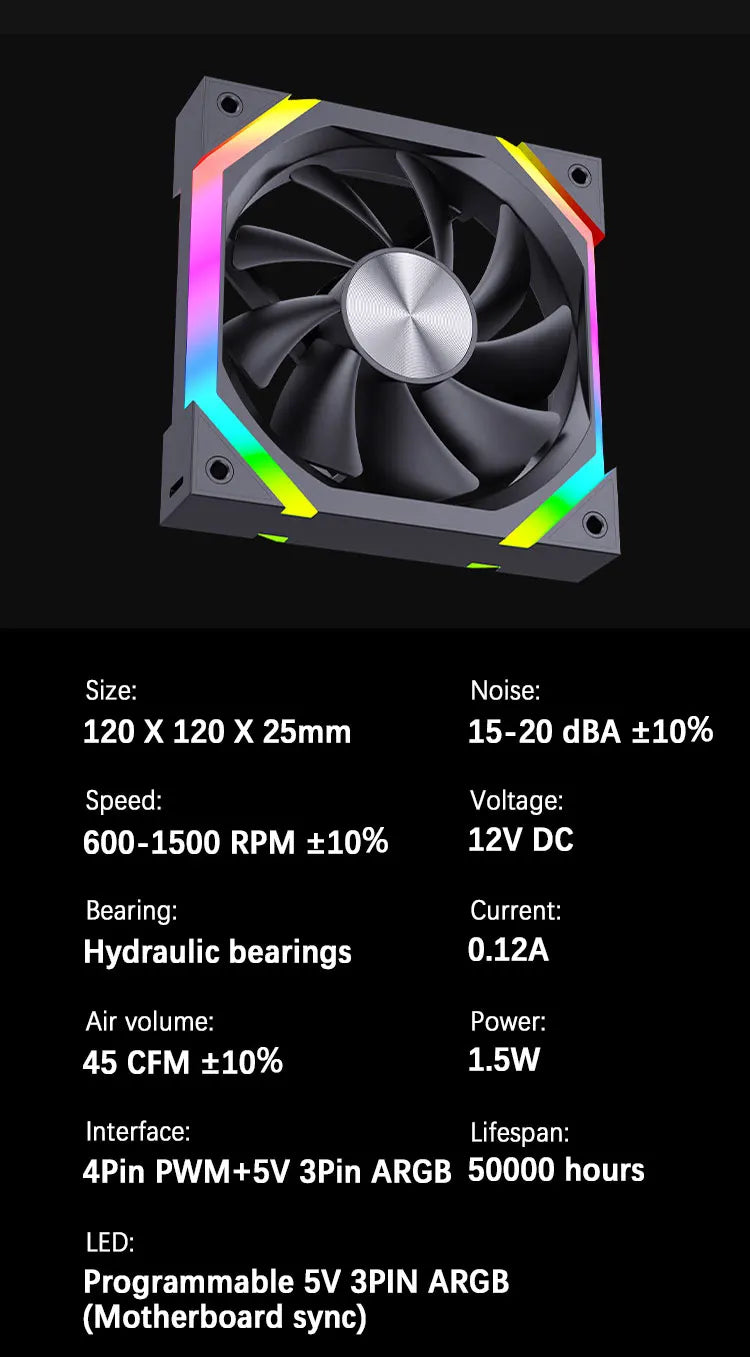 UPSIREN ZF-120 Computer Chassis Fan 12cm ARGB 4 Pin PWM Quiet Cooling Fan 12V Large Air Volume 45CFM/600-1500RPM
