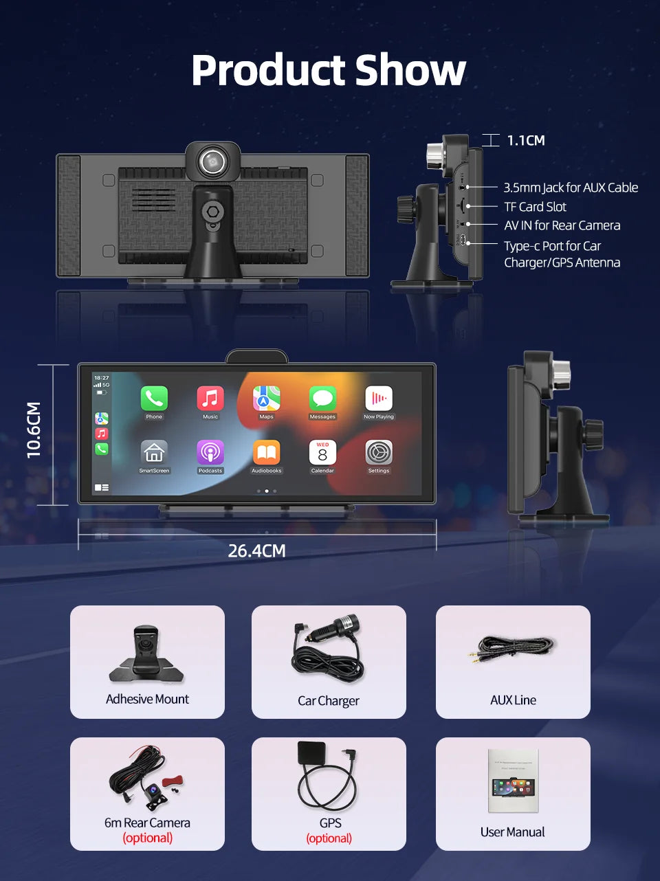 Imagebon H70K 11.4" 4K Dashcam Wireless CarPlay & Android Auto Dual Recording WiFi GPS Navigation AI Voice Night Vision Car DVR