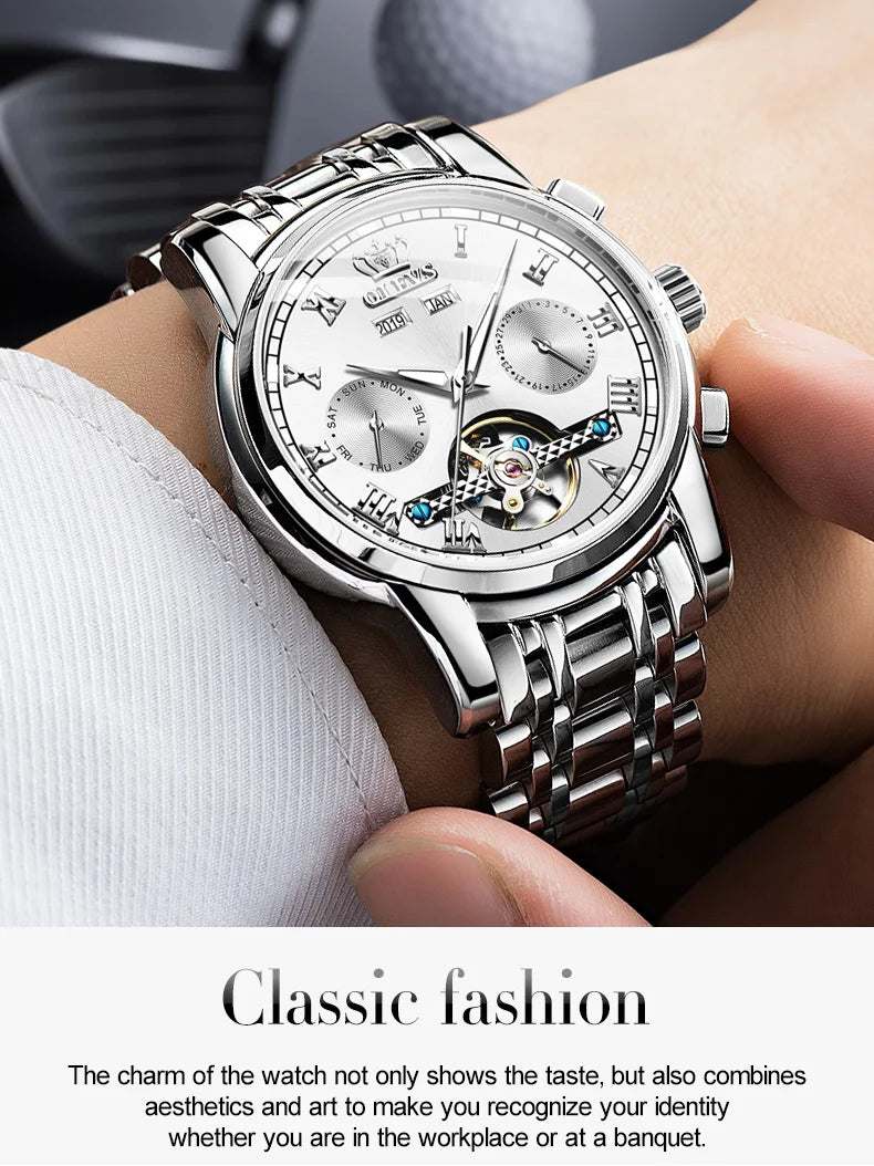 OLEVS Men's Watches Automatic Mechanical Business Wristwatch Waterproof Stainless Steel Strap Watch for Man Skeleton Calendar