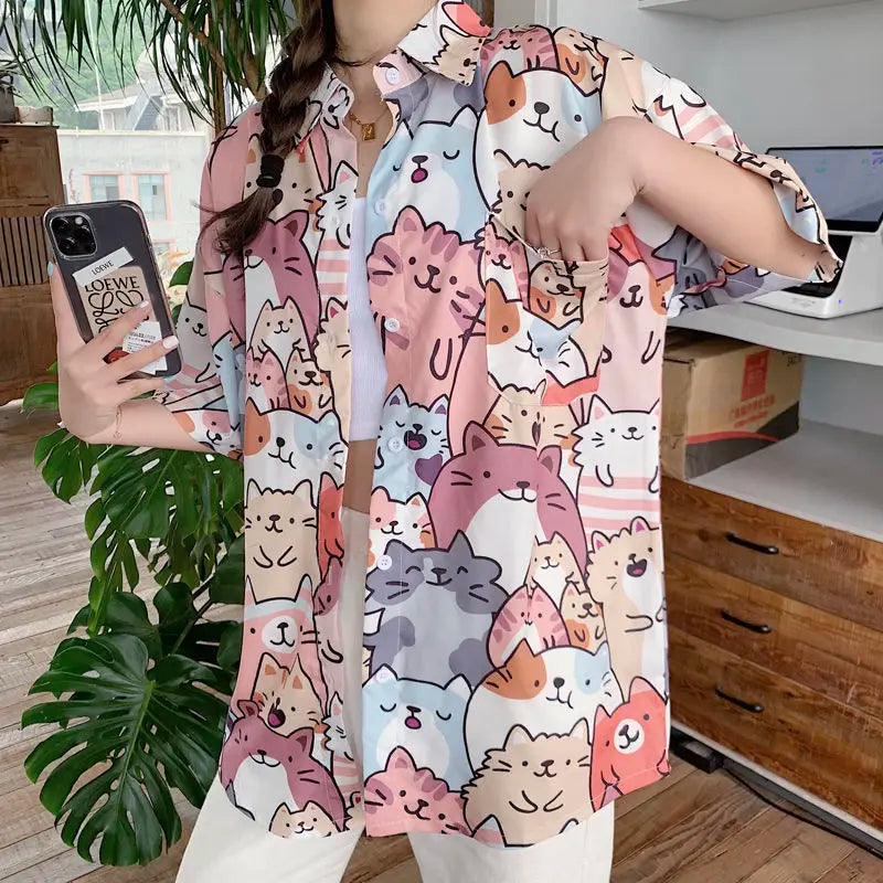 Deeptown Kawaii Button Up Shirt Animal Cat Print Blouse Women Japan Style 2024 Summer Hawaii Graphic Cardigan Casual Cute Tops