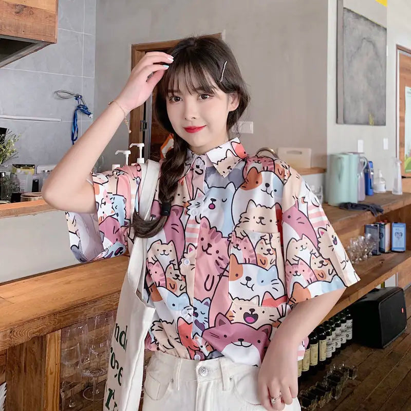 Deeptown Kawaii Button Up Shirt Animal Cat Print Blouse Women Japan Style 2024 Summer Hawaii Graphic Cardigan Casual Cute Tops