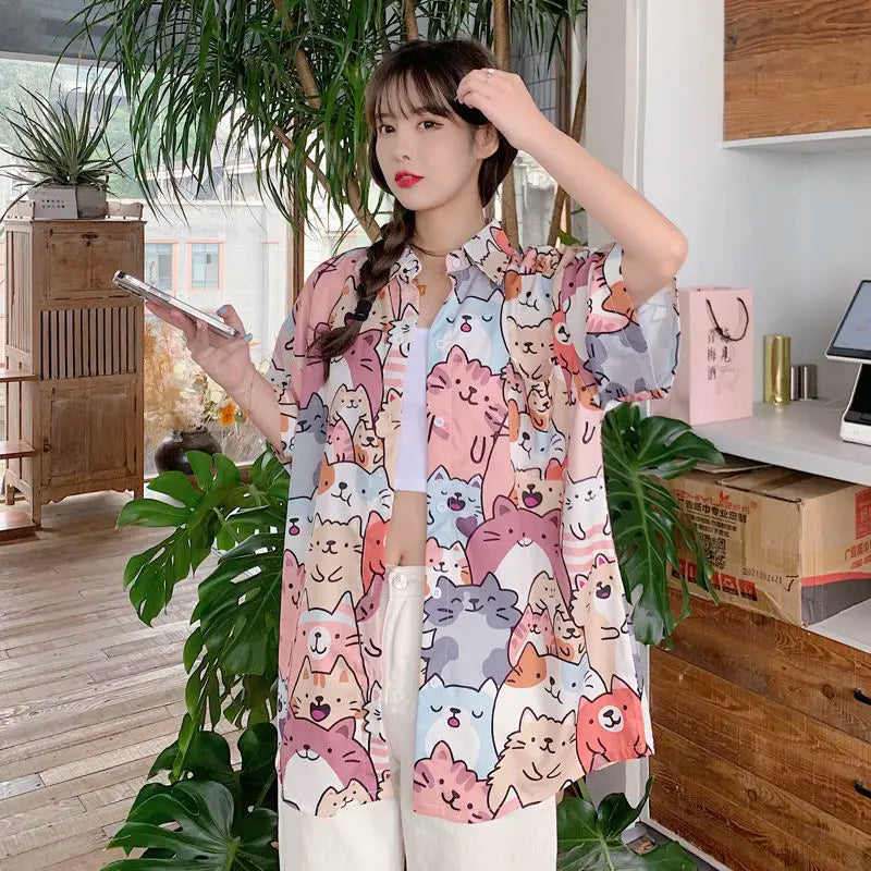 Deeptown Kawaii Button Up Shirt Animal Cat Print Blouse Women Japan Style 2024 Summer Hawaii Graphic Cardigan Casual Cute Tops