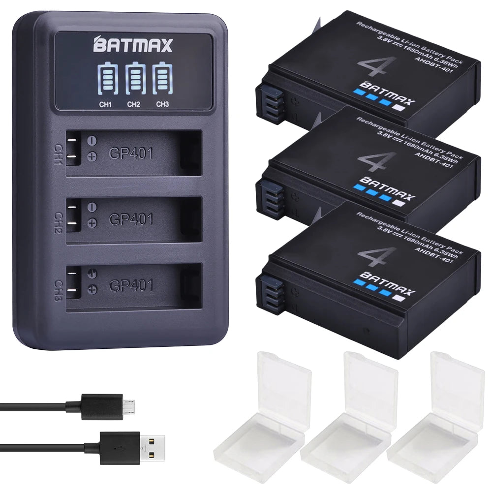 Batmax 1680mAh Gopro Hero 4 Battery Replacement + LED 3-Slots USB Charger for GoPro HERO4 GoPro AHDBT-401 Action Camera Bateria