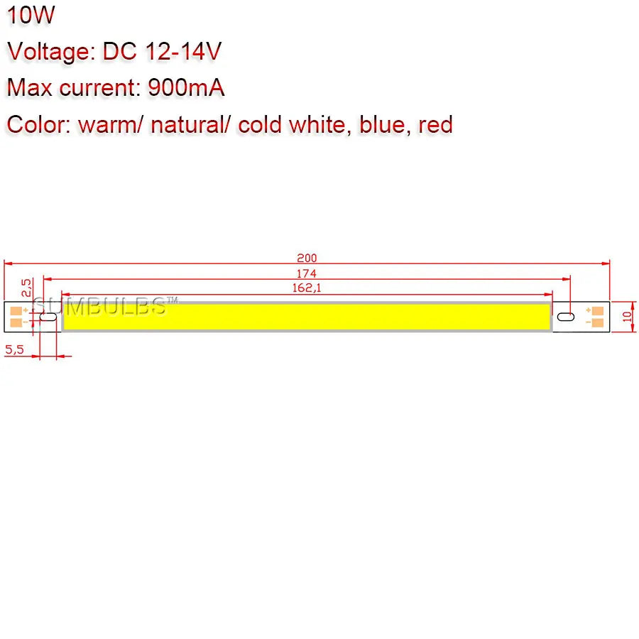 [Sumbulbs] 200x10MM 0422 10W LED Light COB Strip Lamp DC 12-14V 1000LM Green Yellow Red Blue Warm White Pure White Bar Light