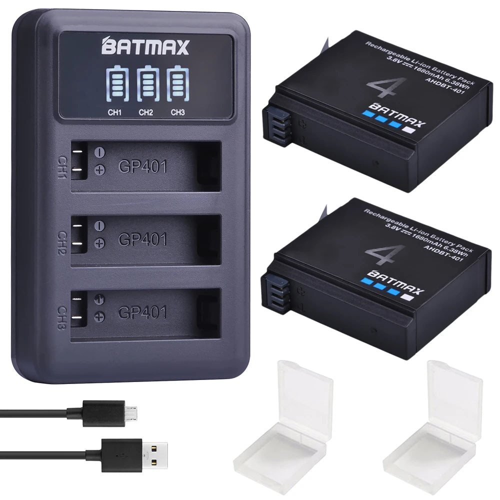 Batmax 1680mAh Gopro Hero 4 Battery Replacement + LED 3-Slots USB Charger for GoPro HERO4 GoPro AHDBT-401 Action Camera Bateria