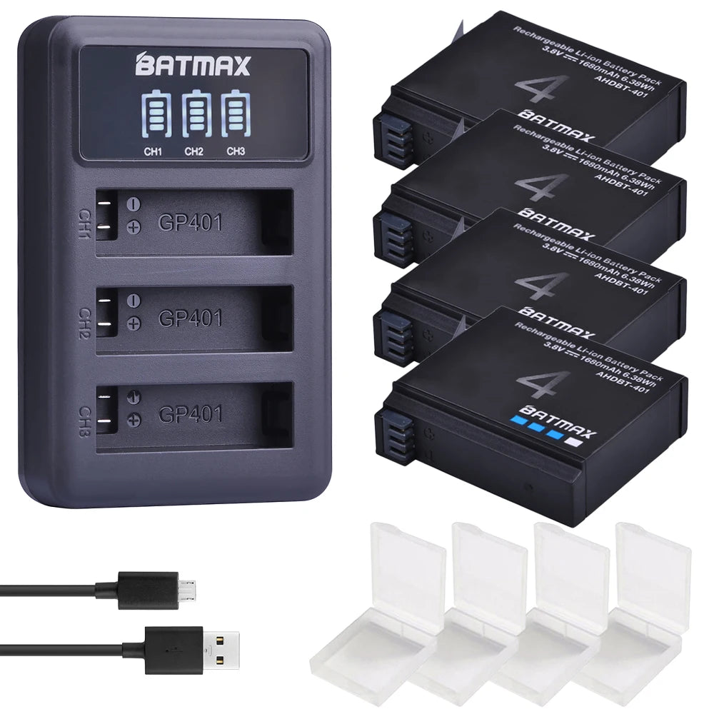 Batmax 1680mAh Gopro Hero 4 Battery Replacement + LED 3-Slots USB Charger for GoPro HERO4 GoPro AHDBT-401 Action Camera Bateria