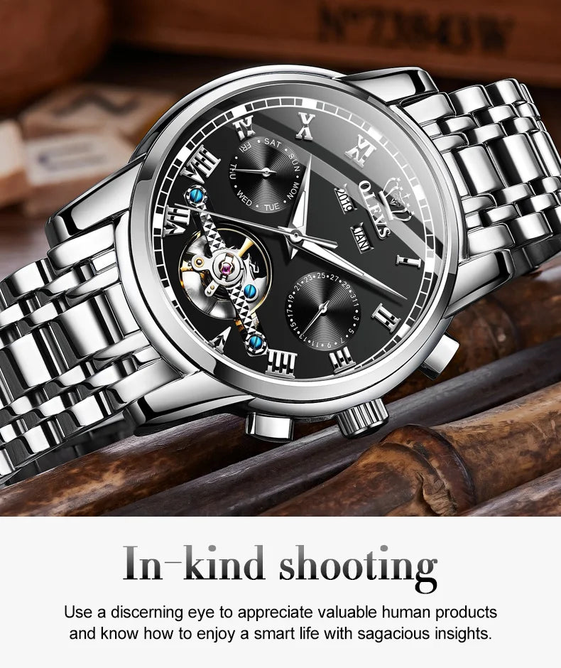 OLEVS Men's Watches Automatic Mechanical Business Wristwatch Waterproof Stainless Steel Strap Watch for Man Skeleton Calendar