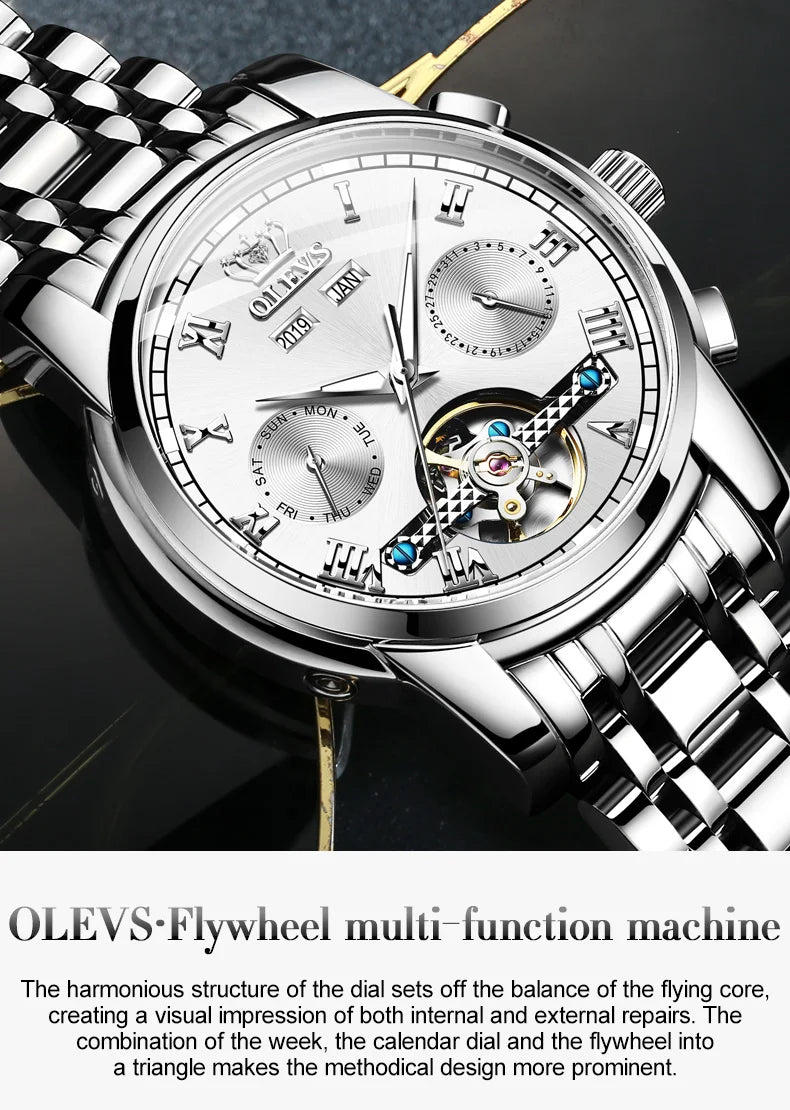 OLEVS Men's Watches Automatic Mechanical Business Wristwatch Waterproof Stainless Steel Strap Watch for Man Skeleton Calendar