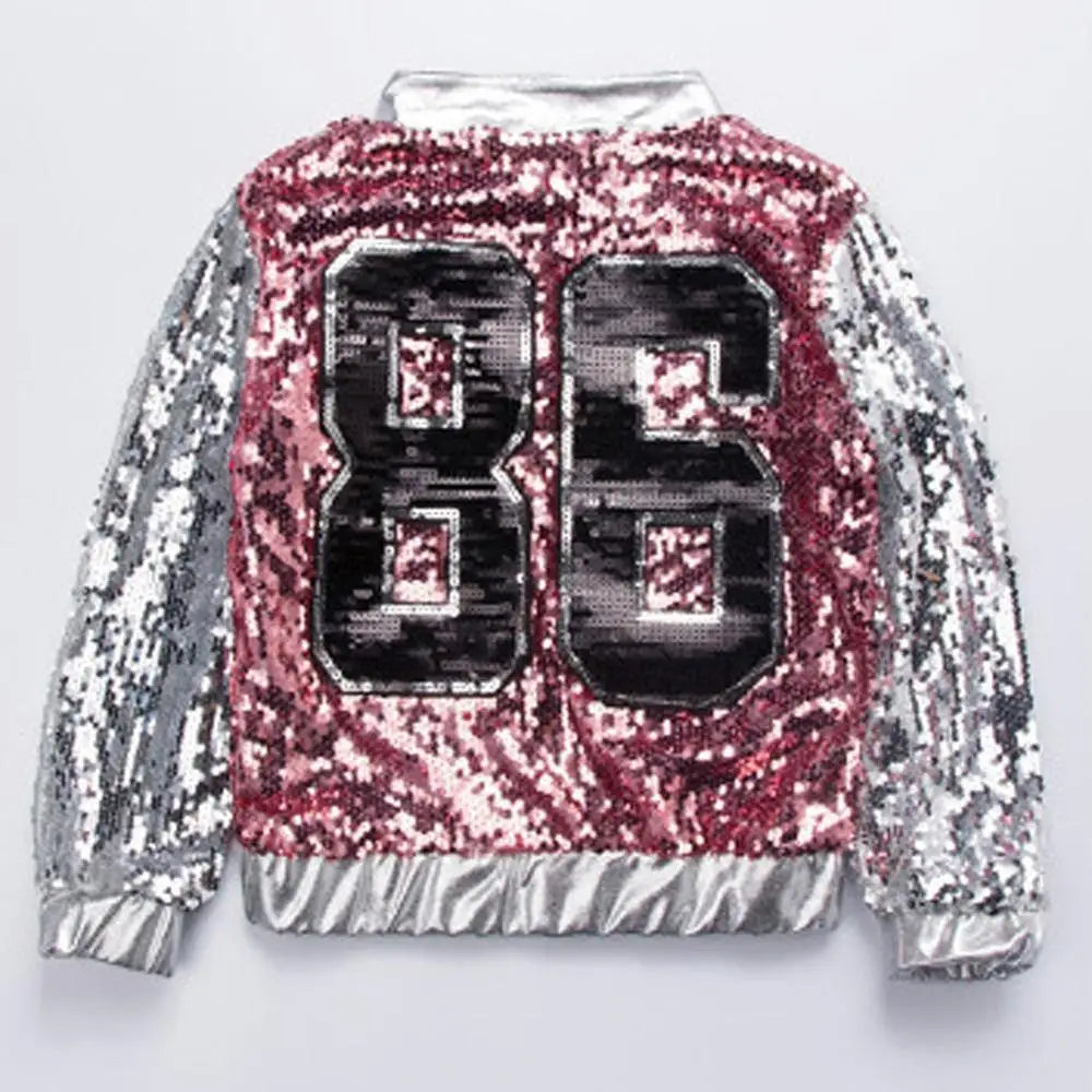 LOlanta 4-14 Years Girls Pink Sequin Crop Tops Shorts Jacket Dancewear Costume Hip Hop Modern Jazz Dance Stage Performance Wear