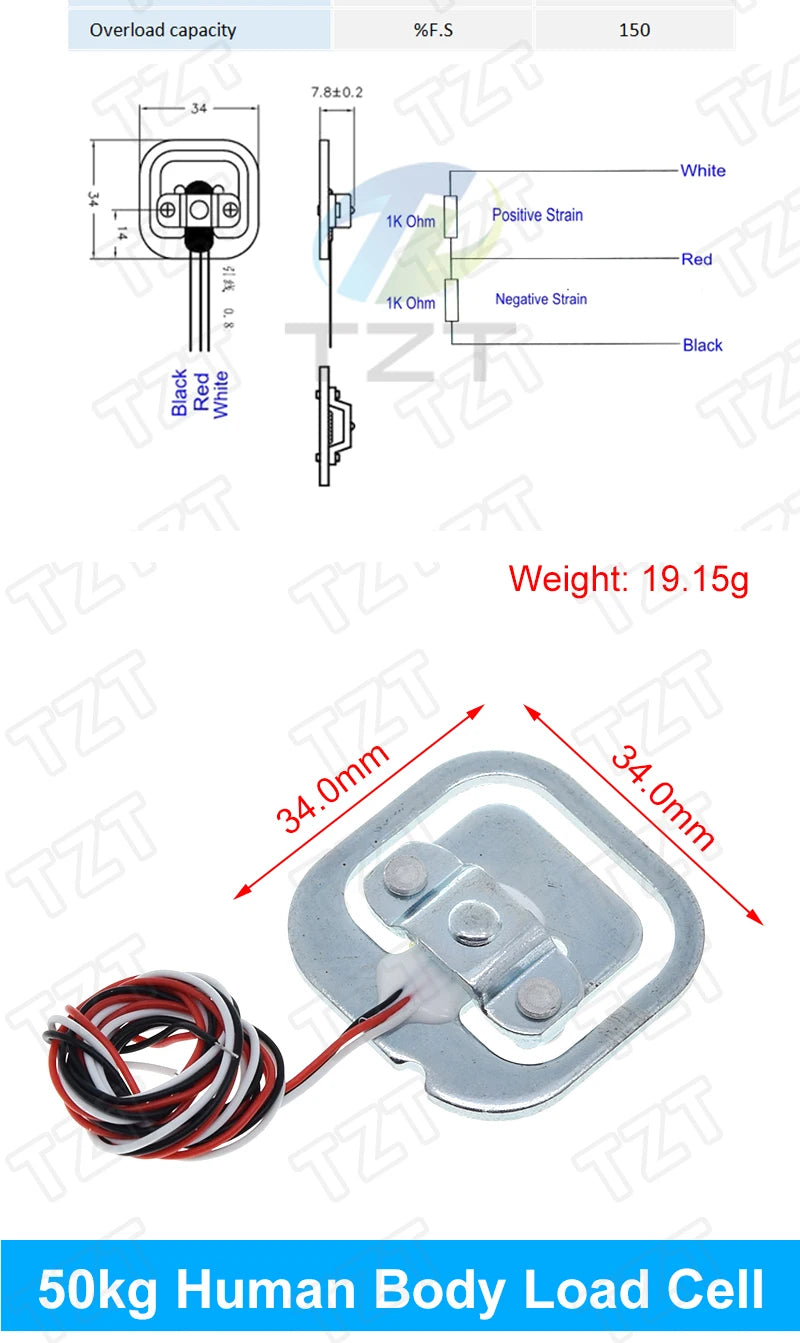 TZT Load Cell 1KG 5KG 10KG 20KG HX711 AD Module Weight Sensor Electronic Scale Aluminum Alloy Weighing Pressure Sensor