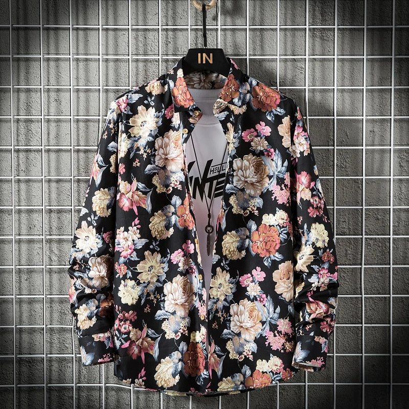 Man's shirts Cotton Vintage clothes flowers shirt Korean clothing  men's fashion Beach Men's clothing Long sleeve shirt Top 1025