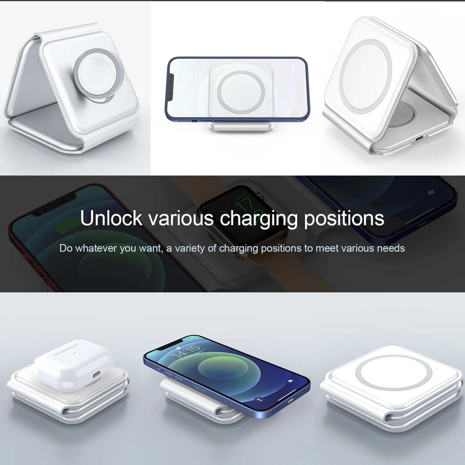 3-in1 Fast 15W Magnetic Wireless Charger for iPhone 15 14 13 Watch Earphone ABS Dock Station Folding Charger 5W 10W Output Power