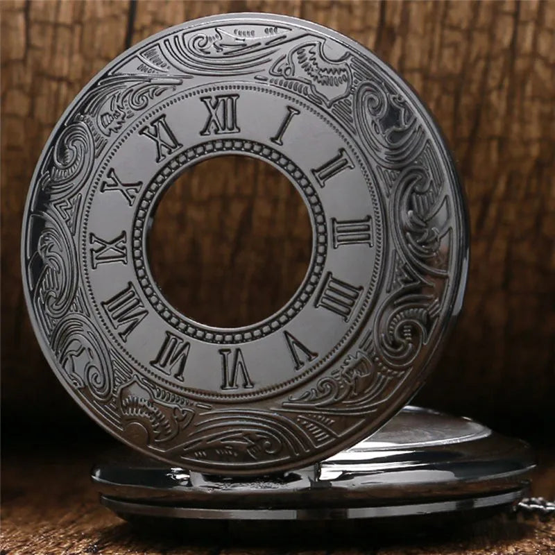 Vintage Charm Black Unisex Fashion Roman Number Quartz Steampunk Pocket Watch Women Man Necklace Pendant with Chain Gifts P427