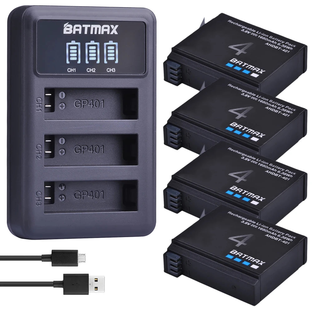Batmax 1680mAh Gopro Hero 4 Battery Replacement + LED 3-Slots USB Charger for GoPro HERO4 GoPro AHDBT-401 Action Camera Bateria