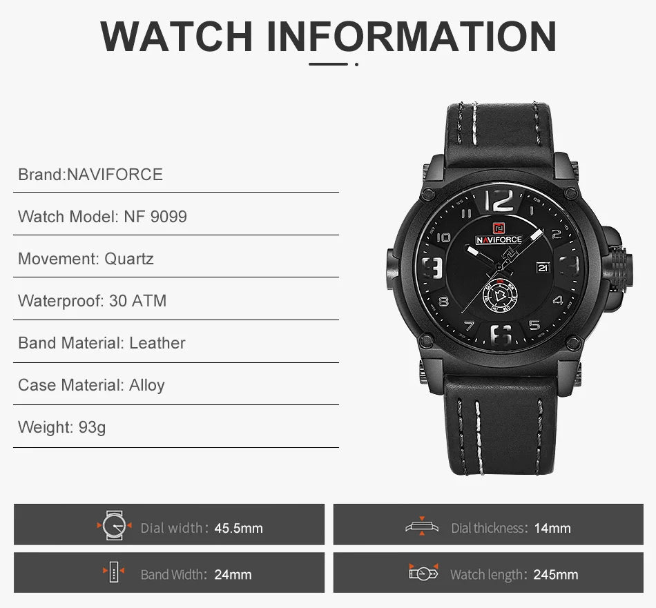 NAVIFORCE Luxury Brand Men Sports Military Quartz Watch for Man Analog Date Clock Leather Strap Wristwatch Relogio Free Shiping