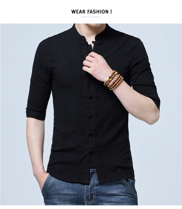 Tradictional Chinese Clothing For Men Half Sleeve Cotton Linen Chinese Style Shirts  Kung Fu Tai Chi Tang Suit Style Tops CN-026