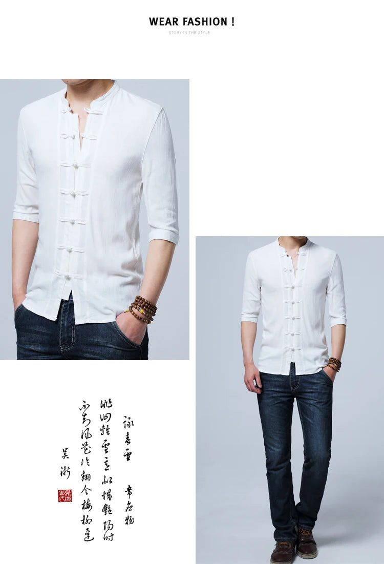 Tradictional Chinese Clothing For Men Half Sleeve Cotton Linen Chinese Style Shirts  Kung Fu Tai Chi Tang Suit Style Tops CN-026