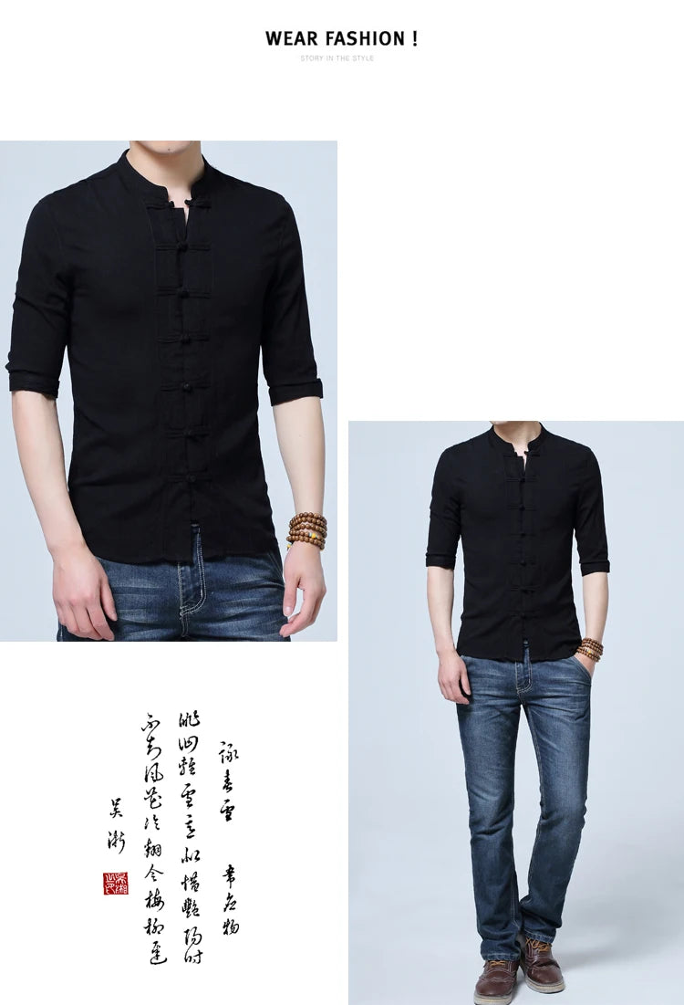 Tradictional Chinese Clothing For Men Half Sleeve Cotton Linen Chinese Style Shirts  Kung Fu Tai Chi Tang Suit Style Tops CN-026