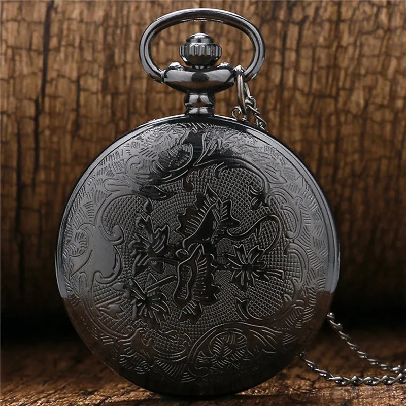 Vintage Charm Black Unisex Fashion Roman Number Quartz Steampunk Pocket Watch Women Man Necklace Pendant with Chain Gifts P427