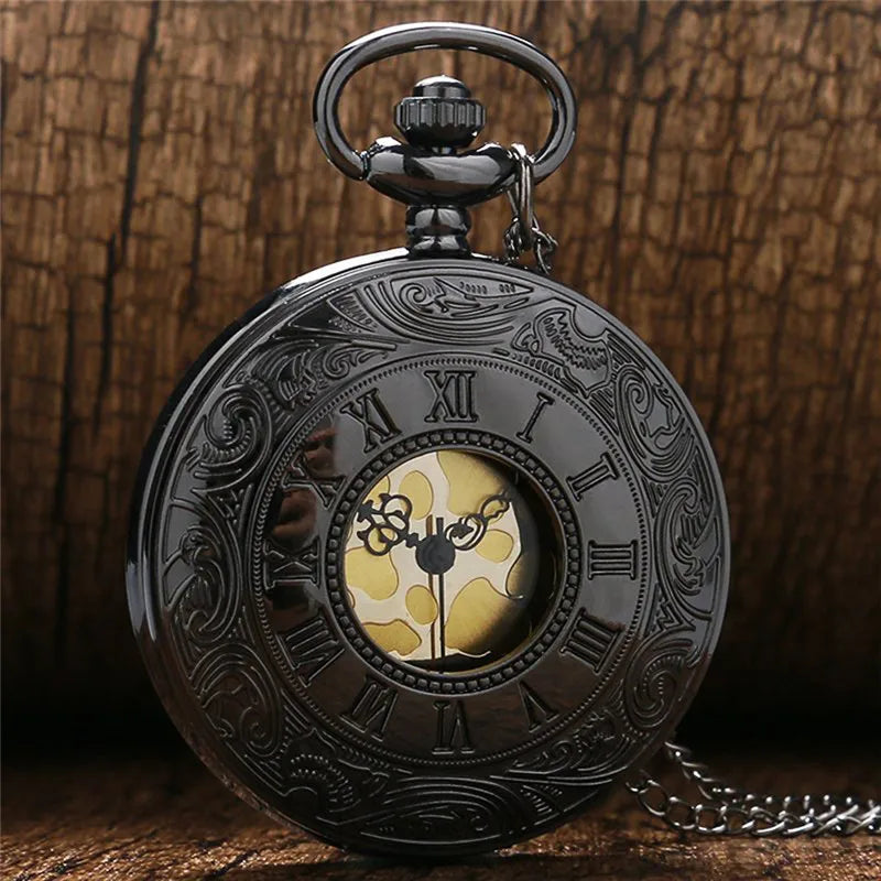 Vintage Charm Black Unisex Fashion Roman Number Quartz Steampunk Pocket Watch Women Man Necklace Pendant with Chain Gifts P427