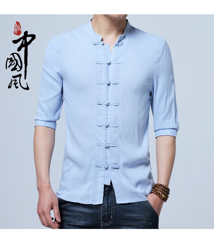 Tradictional Chinese Clothing For Men Half Sleeve Cotton Linen Chinese Style Shirts  Kung Fu Tai Chi Tang Suit Style Tops CN-026