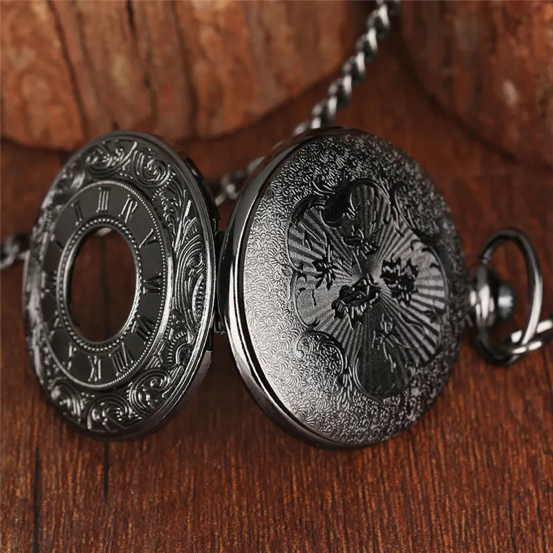 Vintage Charm Black Unisex Fashion Roman Number Quartz Steampunk Pocket Watch Women Man Necklace Pendant with Chain Gifts P427