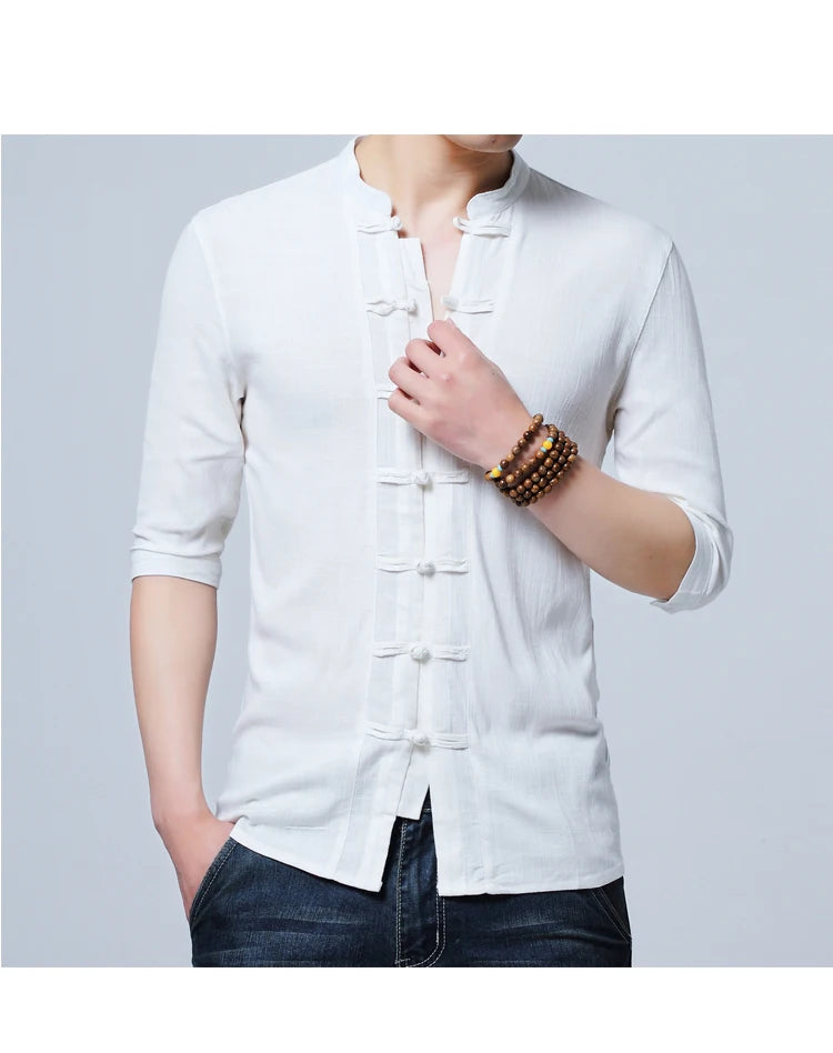 Tradictional Chinese Clothing For Men Half Sleeve Cotton Linen Chinese Style Shirts  Kung Fu Tai Chi Tang Suit Style Tops CN-026