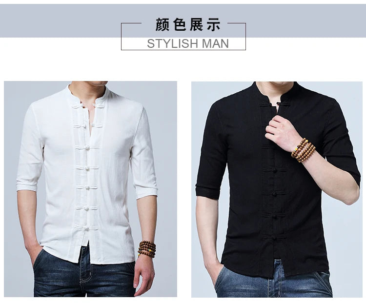 Tradictional Chinese Clothing For Men Half Sleeve Cotton Linen Chinese Style Shirts  Kung Fu Tai Chi Tang Suit Style Tops CN-026