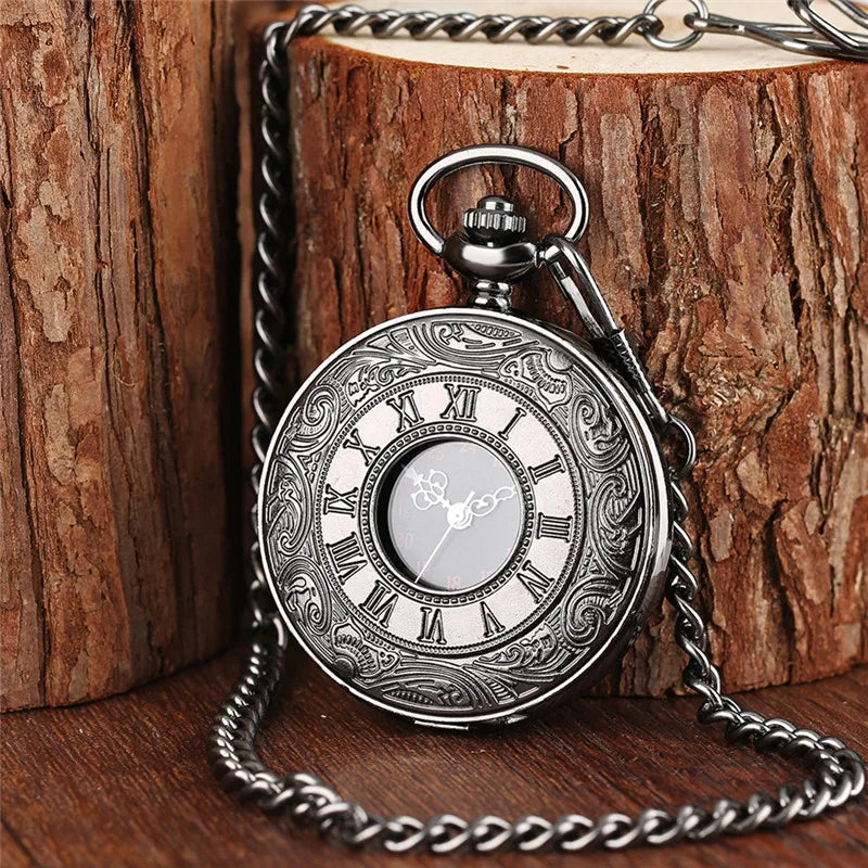 Vintage Charm Black Unisex Fashion Roman Number Quartz Steampunk Pocket Watch Women Man Necklace Pendant with Chain Gifts P427