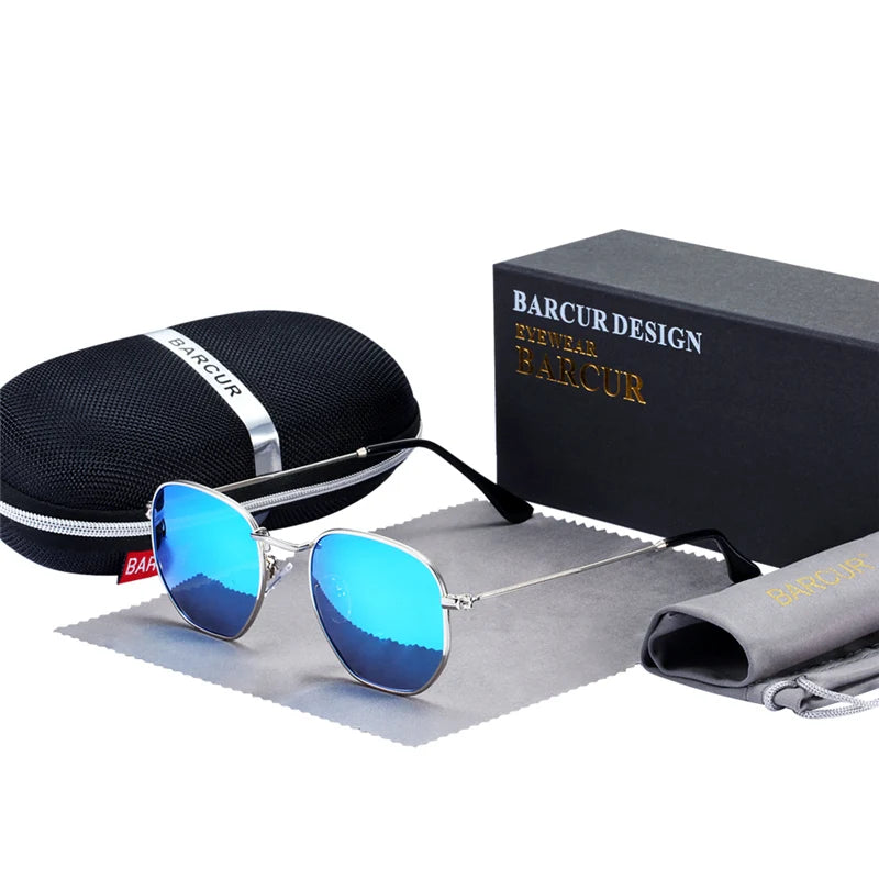 BARCUR Classic Retro Reflective Sunglasses Man Hexagon Sunglasses Metal Frame Eyewear Sun Glasses With Box Oculos De Sol gafas