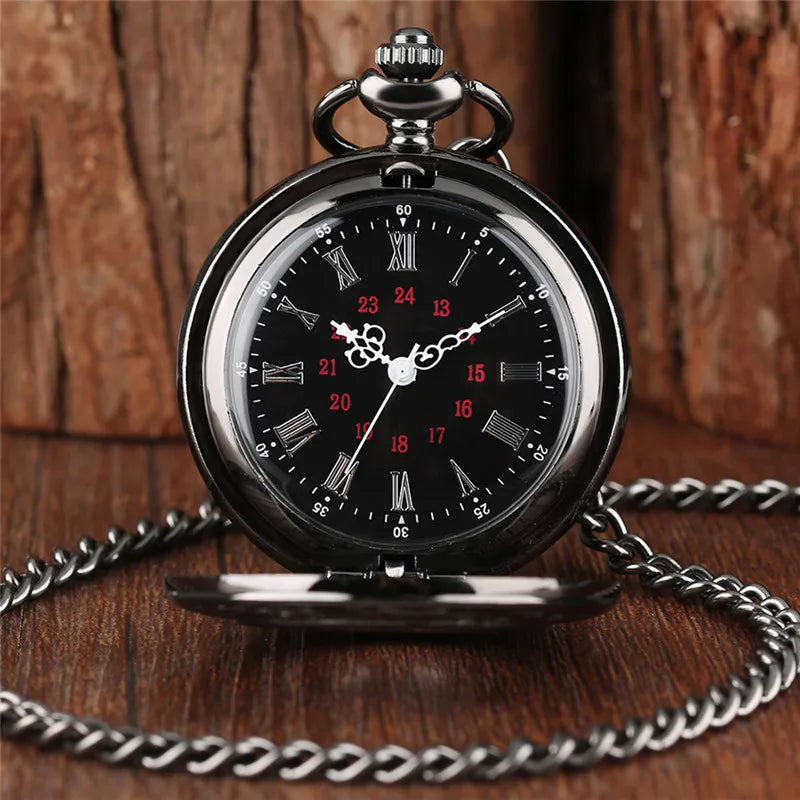Vintage Charm Black Unisex Fashion Roman Number Quartz Steampunk Pocket Watch Women Man Necklace Pendant with Chain Gifts P427
