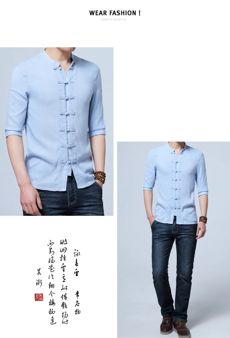 Tradictional Chinese Clothing For Men Half Sleeve Cotton Linen Chinese Style Shirts  Kung Fu Tai Chi Tang Suit Style Tops CN-026