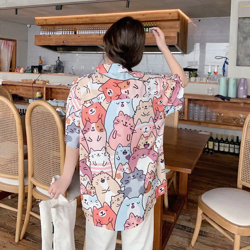Deeptown Kawaii Button Up Shirt Animal Cat Print Blouse Women Japan Style 2024 Summer Hawaii Graphic Cardigan Casual Cute Tops