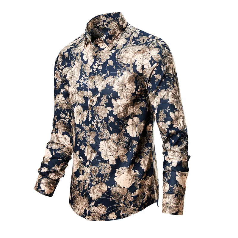 Man's shirts Cotton Vintage clothes flowers shirt Korean clothing  men's fashion Beach Men's clothing Long sleeve shirt Top 1025
