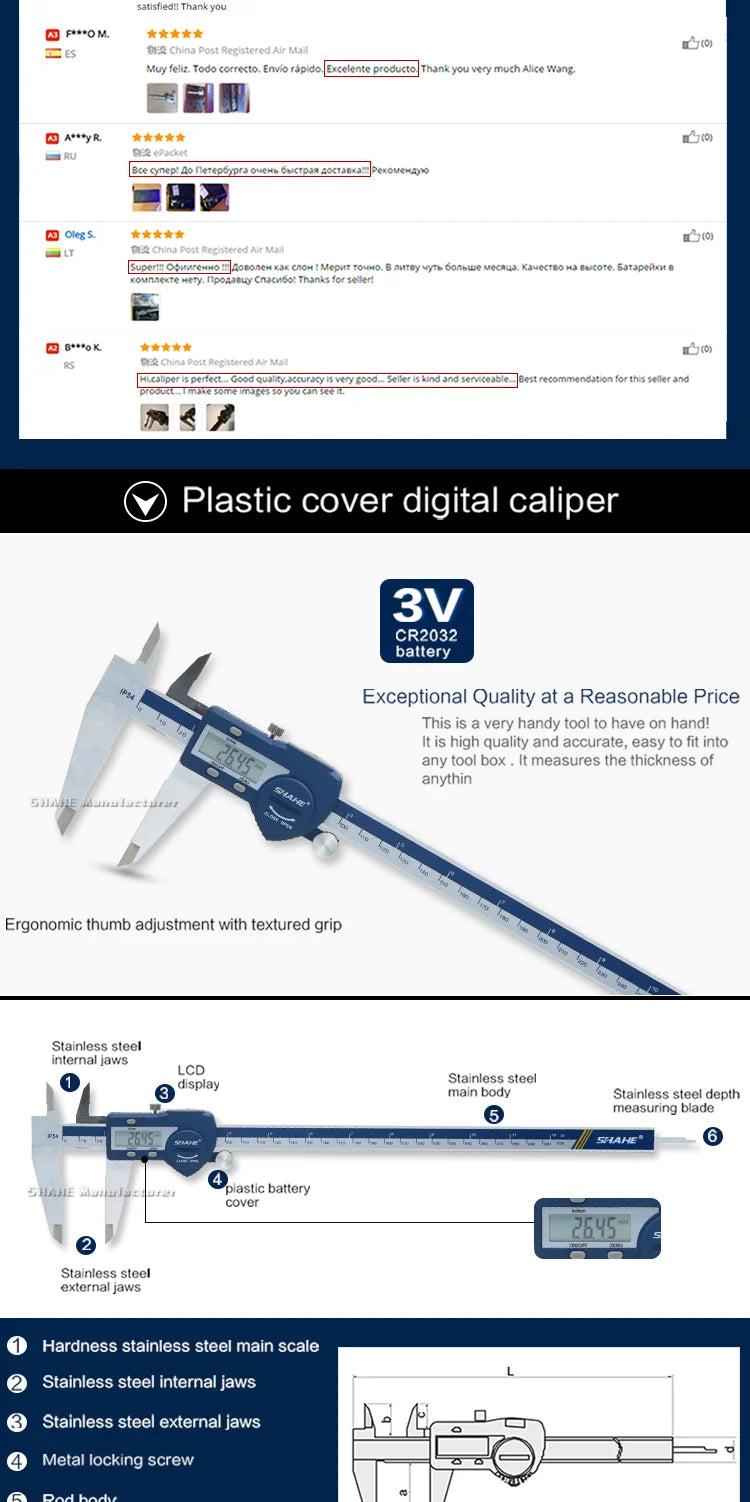 SHAHE IP54 150/200/300 mm Digital Electronic Caliper Ruler Digital Vernier Caliper Digital Caliper Stainless Steel Calipers