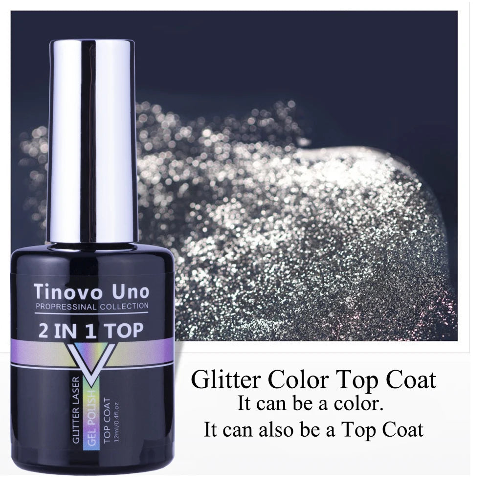 Tinovo Uno Glitter Top Coat UV Gel Nail Polish 2 IN 1 12ML Super Shine Laser Topcoat Manicure Vernis Semi Permanent Gel Finish