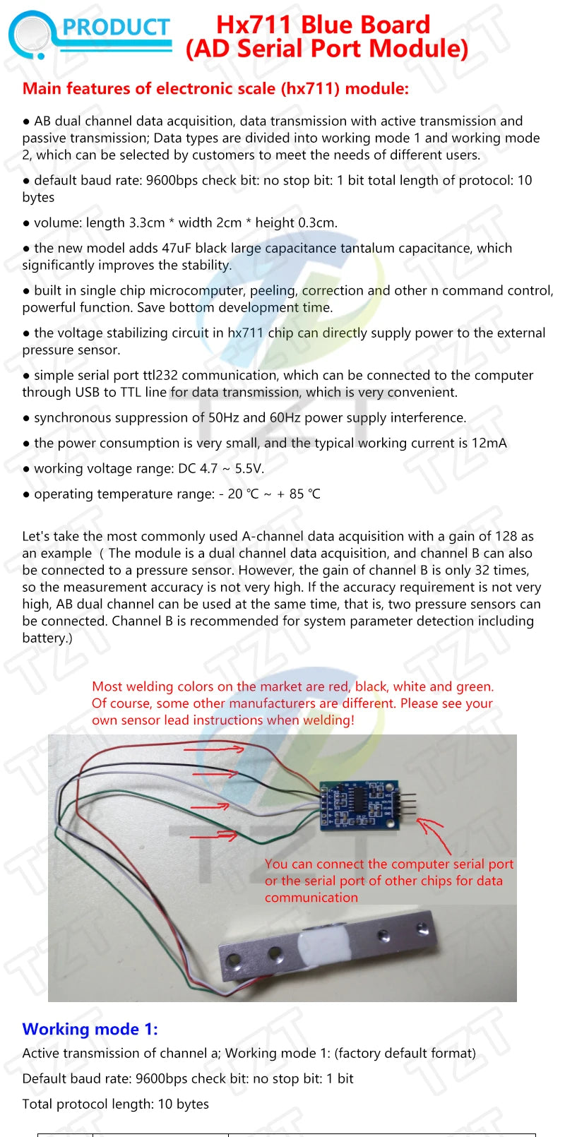 TZT Load Cell 1KG 5KG 10KG 20KG HX711 AD Module Weight Sensor Electronic Scale Aluminum Alloy Weighing Pressure Sensor