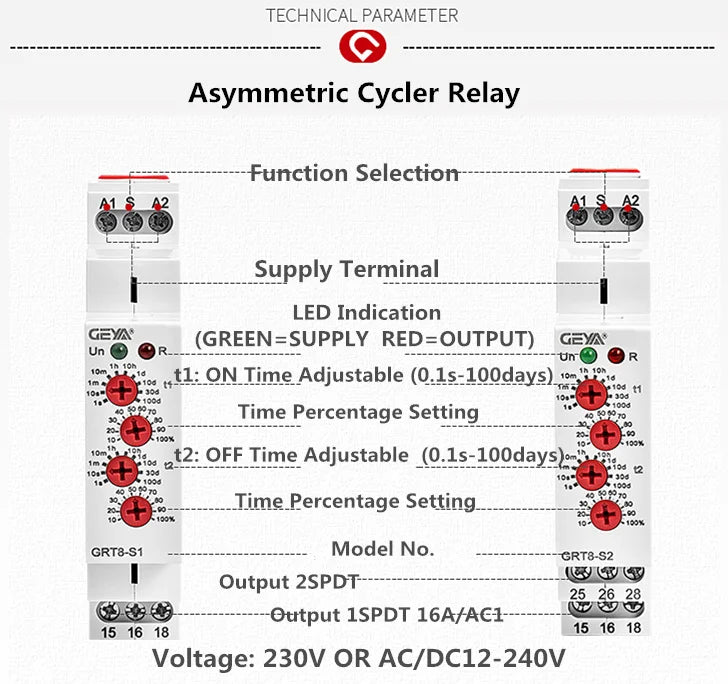 GEYA GRT8-S Asymmetric Cycle Timer Relay SPDT 220V 16A  AC/DC12V-240V Electronic Repeat Relay