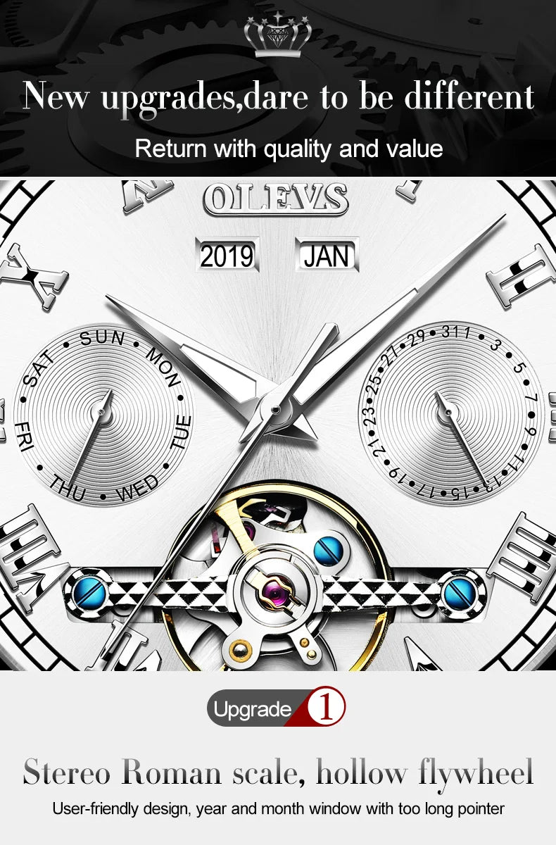 OLEVS Men's Watches Automatic Mechanical Business Wristwatch Waterproof Stainless Steel Strap Watch for Man Skeleton Calendar