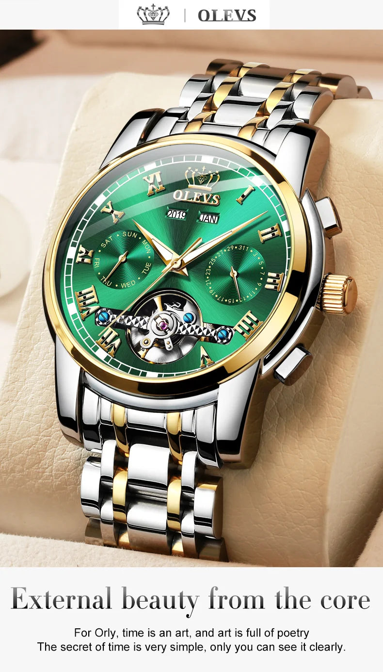 OLEVS Men's Watches Automatic Mechanical Business Wristwatch Waterproof Stainless Steel Strap Watch for Man Skeleton Calendar