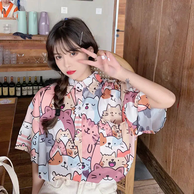 Deeptown Kawaii Button Up Shirt Animal Cat Print Blouse Women Japan Style 2024 Summer Hawaii Graphic Cardigan Casual Cute Tops