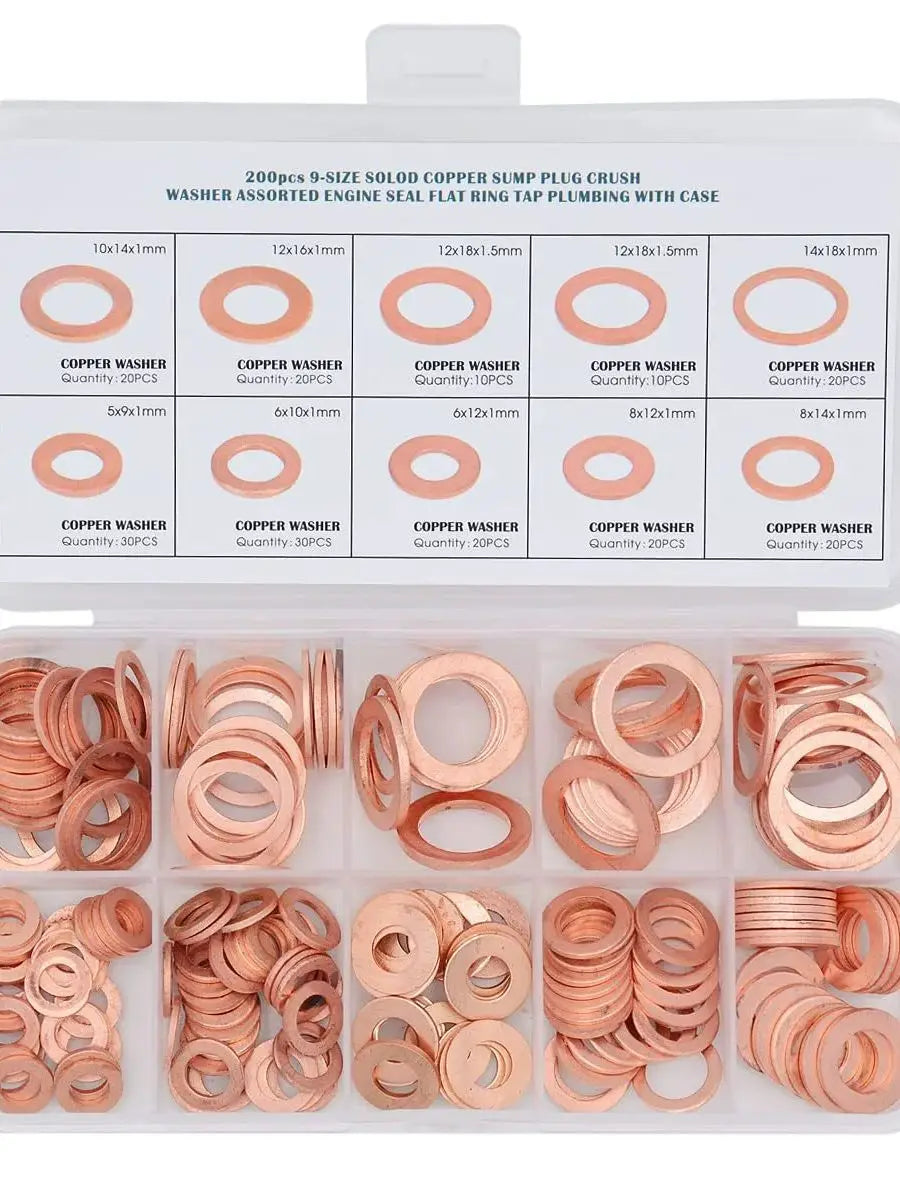 Copper Washer Gasket Nut And Bolt Set - Flat Ring Seal Assortment Kit with Box for Sump Plugs - M8/M10/M12/M14