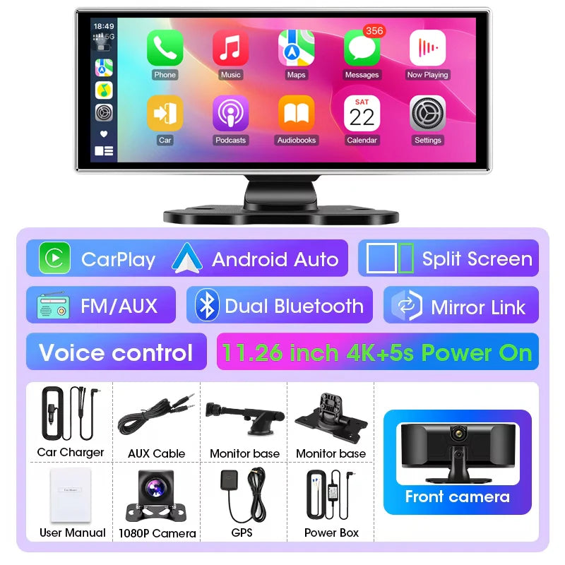 11.26 inch Car DVR 4K Dash Cam Dual Lens Wireless Carplay & Android Auto Video Recorder Monitor GPS Navigation 5G Wifi FM AUX