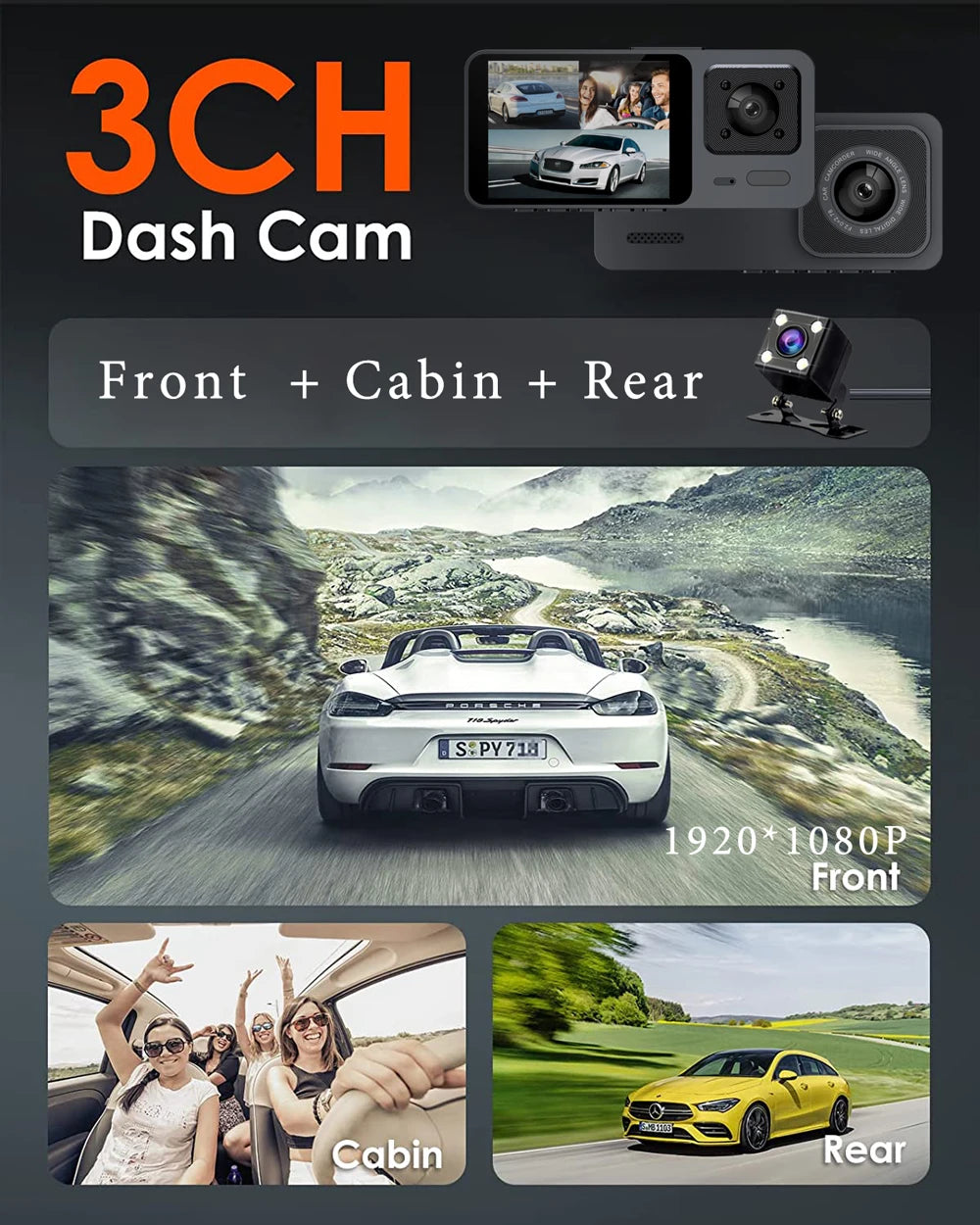 Wifi 3 Camera Car Dvr 3 Channel Dash Cam FHD 1080P Dash Camera Interior Dashcam Video Recorder Black Box 24H Parking Monitoring