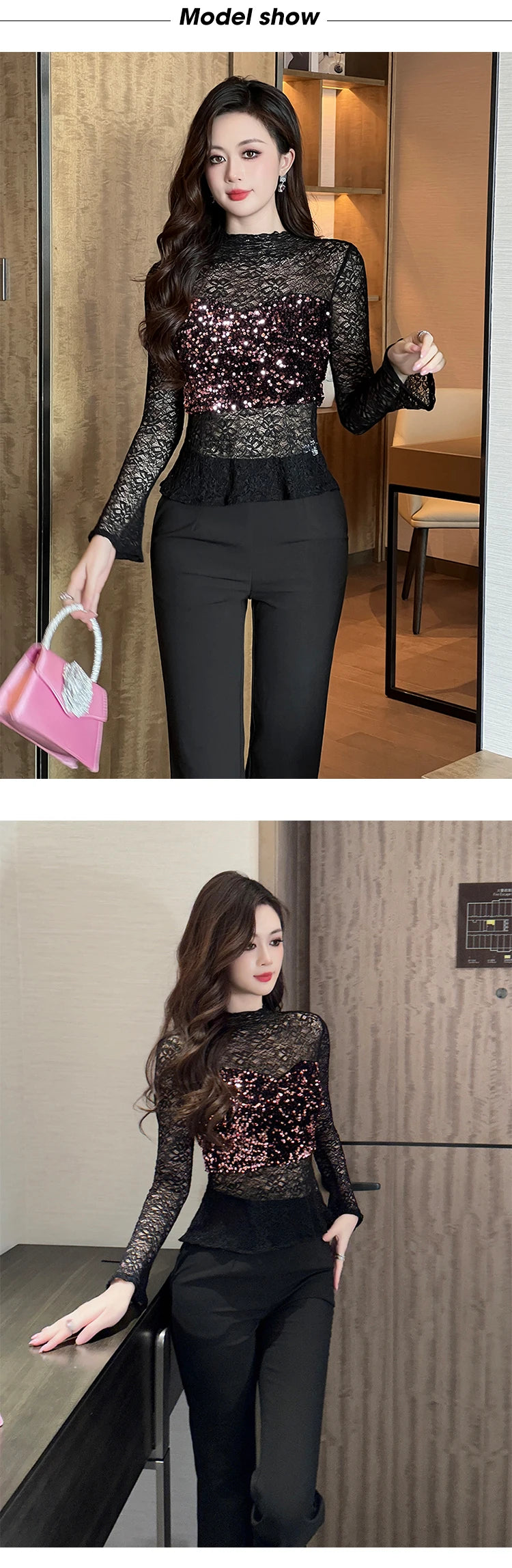 Women's Clothing Chic Black Lace Sexy T-Shirt Ladies Elegant Perspective Short Blouses Sequin Tops Bottom Pullover Jumper Party