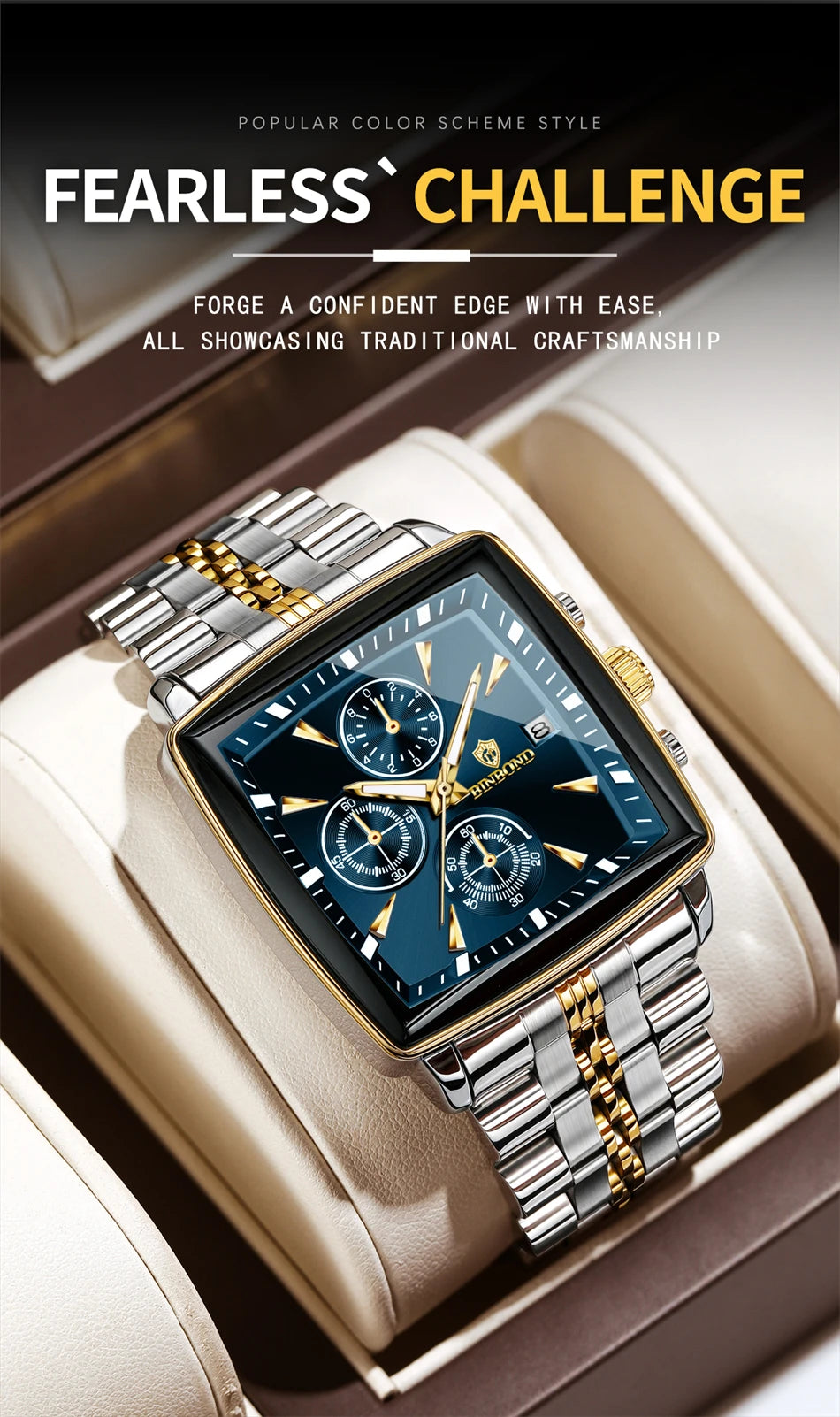 BINBOND Luxury Square Sport Man Wristwatch Waterproof Luminous Chronograph Quartz Men's Watches Stainless Steel Men Watch Reloj